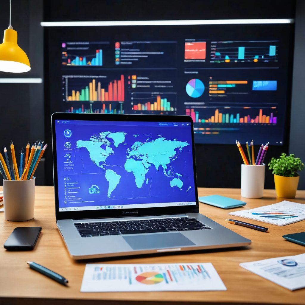 A dynamic workspace with a modern laptop displaying colorful, engaging presentation slides. Surrounding the laptop are various free tools and design elements like vibrant icons, charts, and graphics illustrating seamless content sharing. A cheerful person enthusiastically pointing at the screen, showcasing collaboration in action. Bright colors and a sense of creativity fill the scene. super-realistic. vibrant colors. 3D.