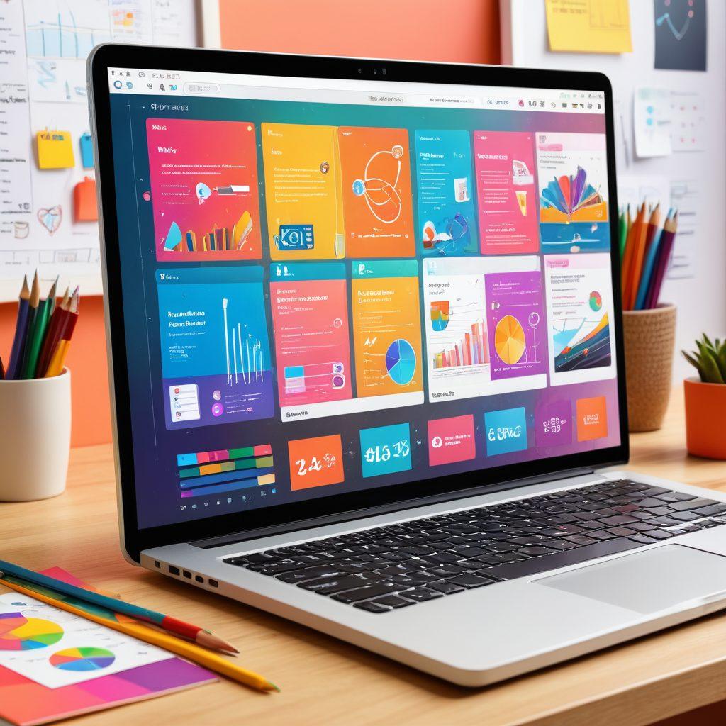 A visually striking collage featuring a variety of slide design elements such as colorful charts, engaging icons, and dynamic text layouts. In the backdrop, an open laptop with a vibrant presentation on the screen, surrounded by creative tools like pencils and sticky notes. The atmosphere is bright and inspiring, conveying a sense of innovation and creativity in online content creation. bright colors. digital art. modern style.