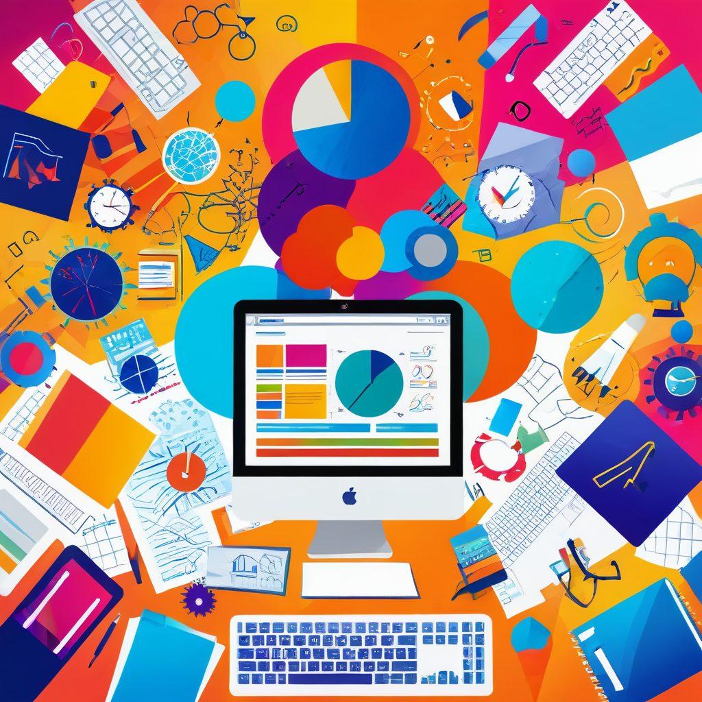 A visually stunning collage showcasing various free online resources, such as stock images, graphic design tools, and educational platforms, integrated with eye-catching visual storytelling elements like charts and illustrations. The background features a digital landscape filled with vibrant colors and symbols representing creativity and innovation. Emphasize collaboration and creativity through diverse characters brainstorming ideas at a computer. Overall, inspire readers to explore these free resources. vibrant colors. digital illustration. modern design.